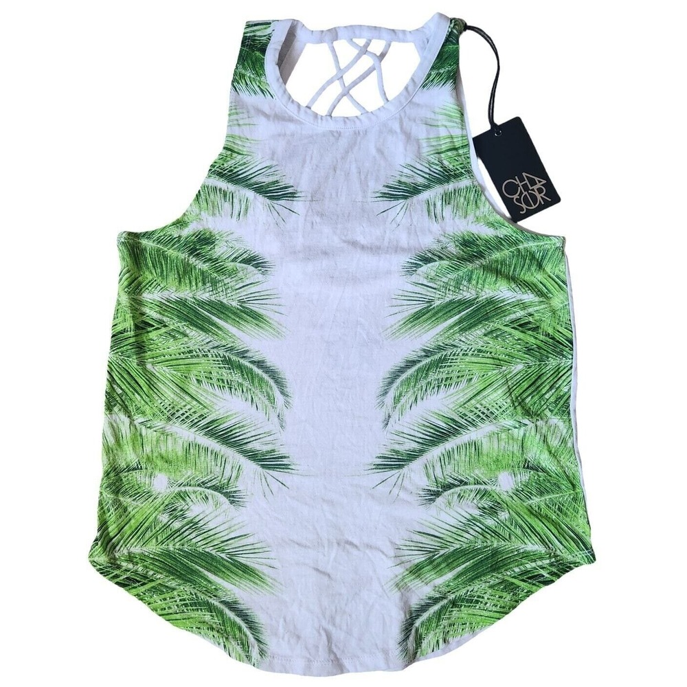 Chaser Palm Print Tank Top Criss Cross Back Lattice Sleeveless‎ White Green Sz M